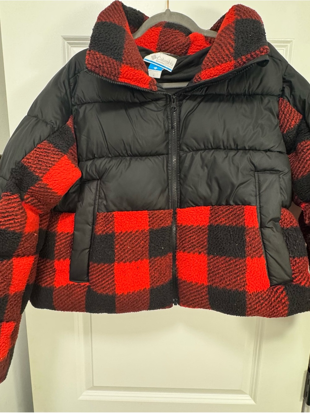 Columbia Leadbetter Point Sherpa Hybrid Puffer Jacket XL - Red Black Plaid